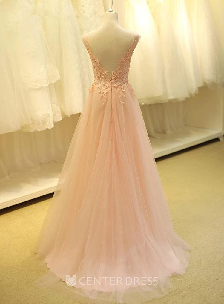 Lovely Color Cap Sleeve Tulle Prom Dress With Lace Appliques