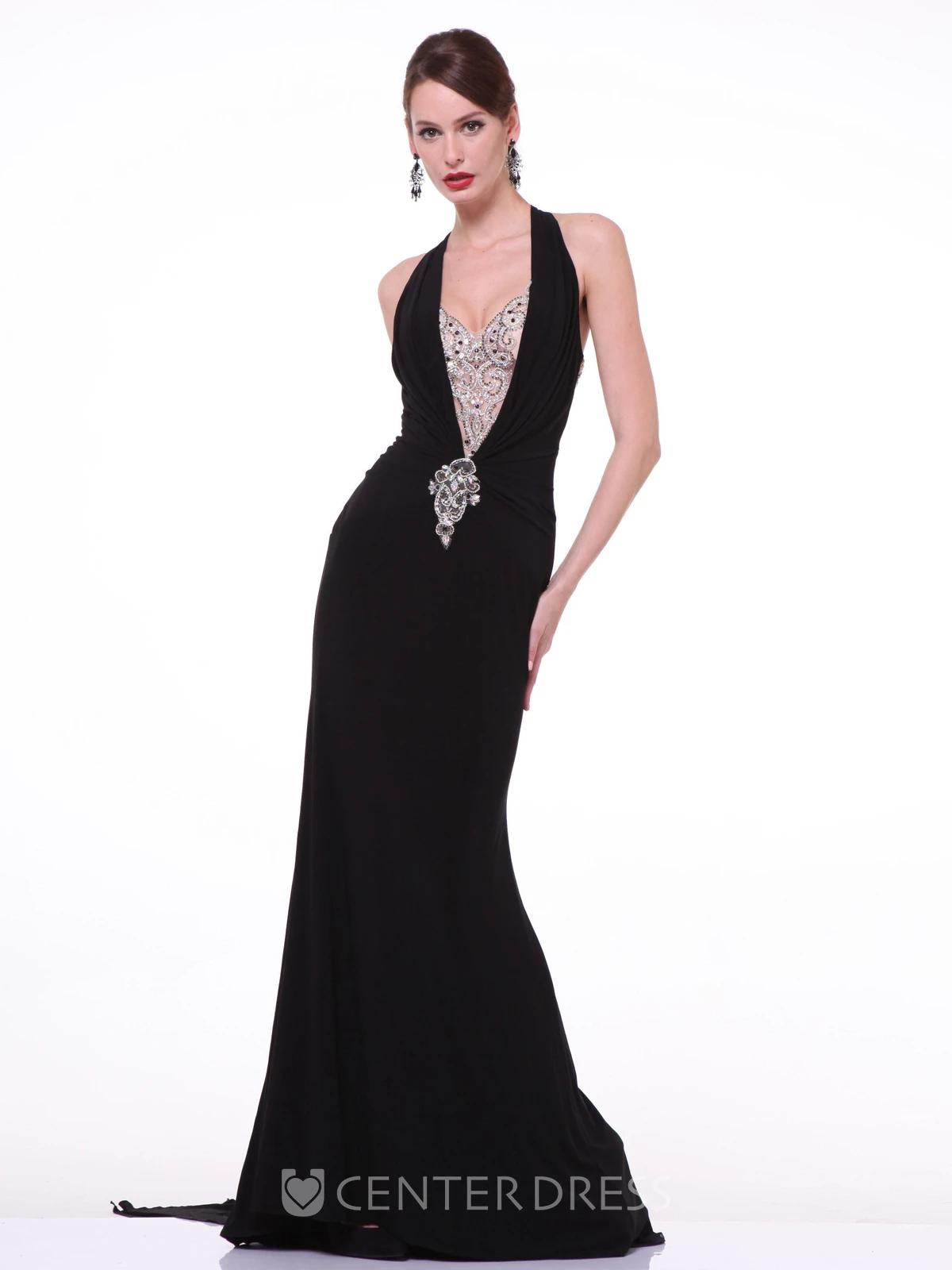 Sheath Long Sleeveless Jersey Sweep Train Dress With Beading