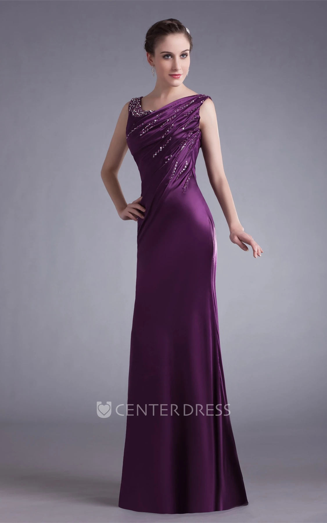 Satin Sleeveless Sheath Floor-Length Formal Gown with Ruching and Beading