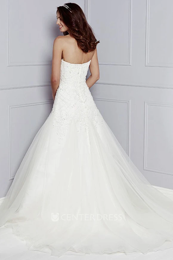 A-Line Long Sweetheart Sleeveless Beaded Tulle Wedding Dress