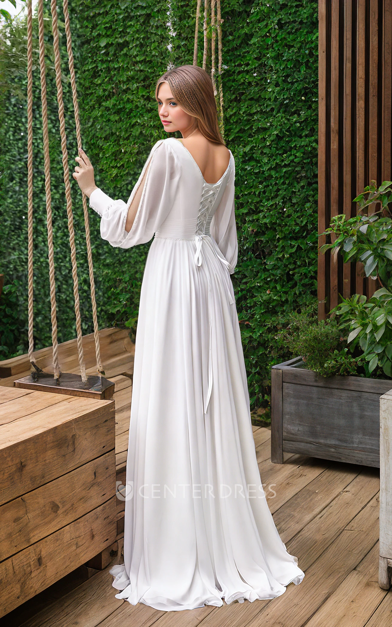 Vintage A-line Ethereal Deep-V Split Long Sleeve Chiffon Tied Back Long Dress