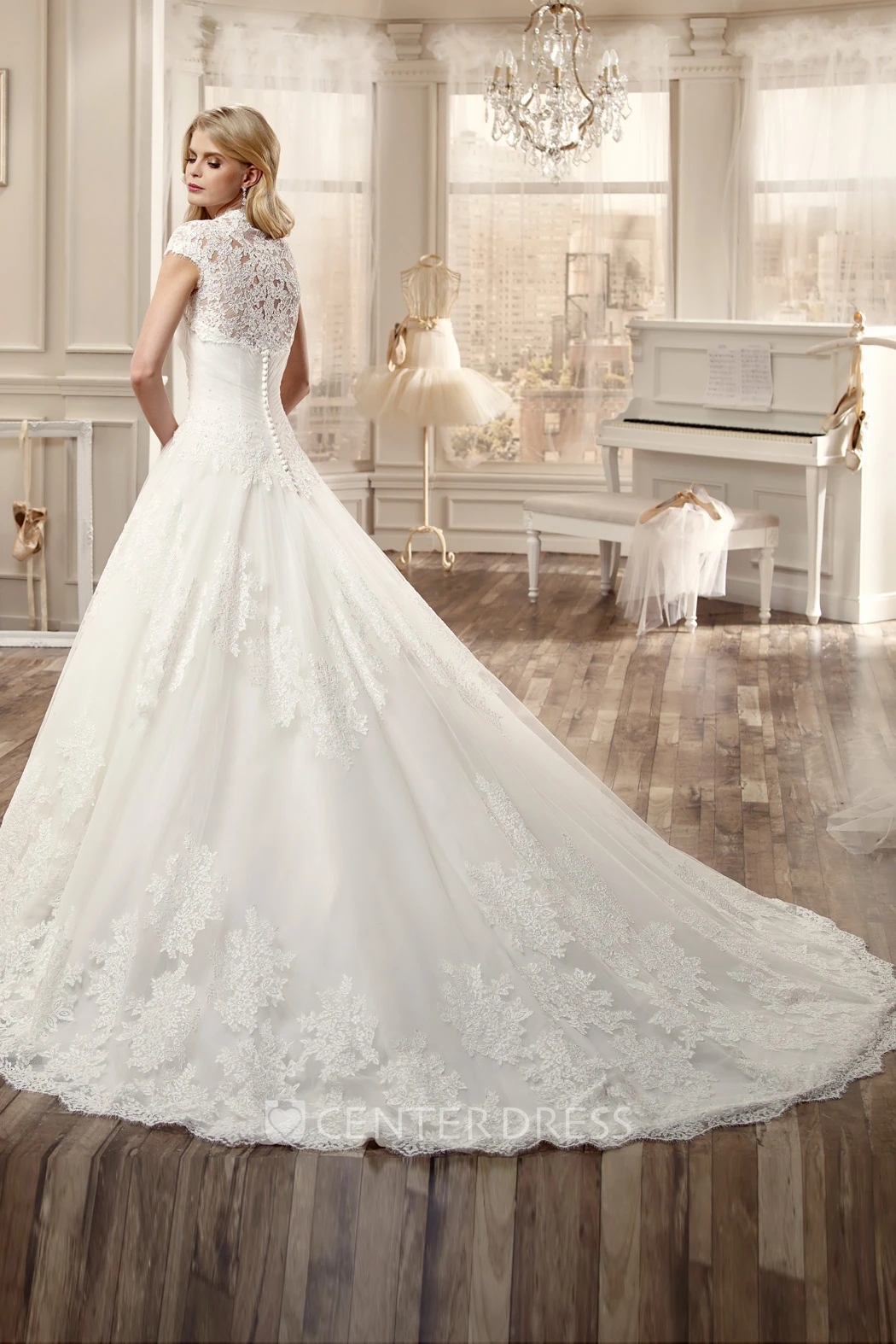 Lace-Applique Long Wedding Dress With T-Shirt Sleeve And Brush Train
