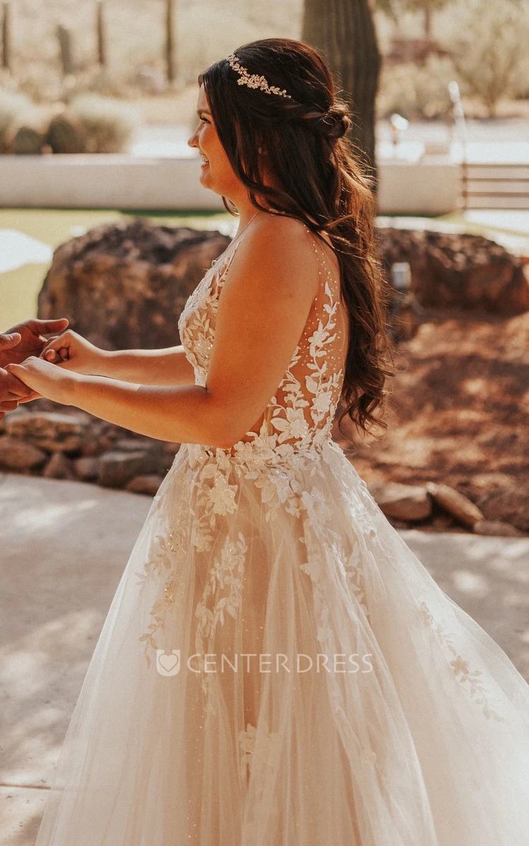 V-Neck Tulle A-Line Wedding Dress with Court Train Elegant Ethereal