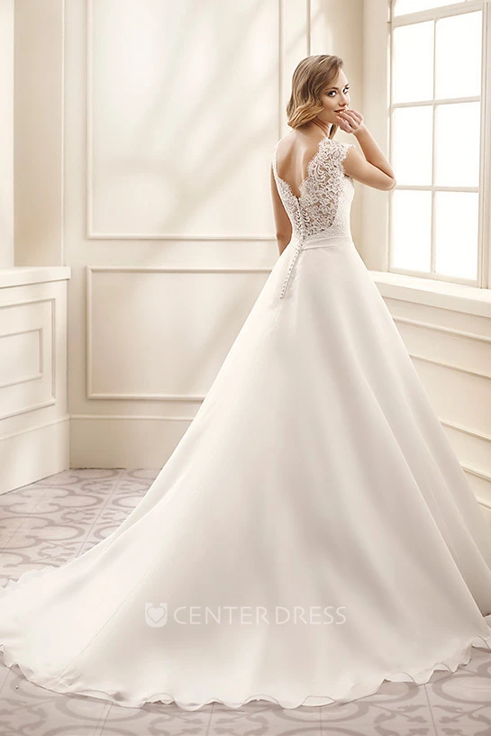 A-Line Cap-Sleeve V-Neck Jeweled Floor-Length Chiffon&Lace Wedding Dress  With Appliques And V Back