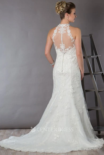High Neck Illusion Back Sheath Bridal Gown With Allover Lace