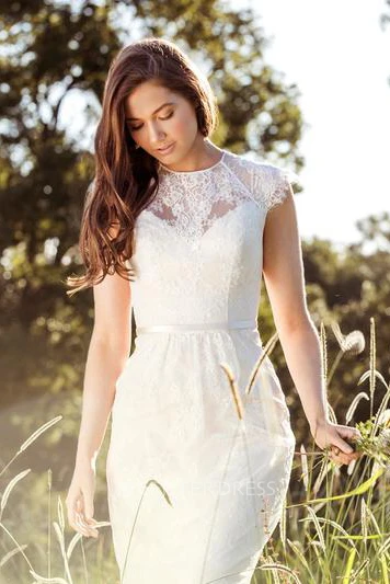 Sheath Scoop-Neck Floor-Length Sleeveless Lace Wedding Dress With Appliques And Illusion