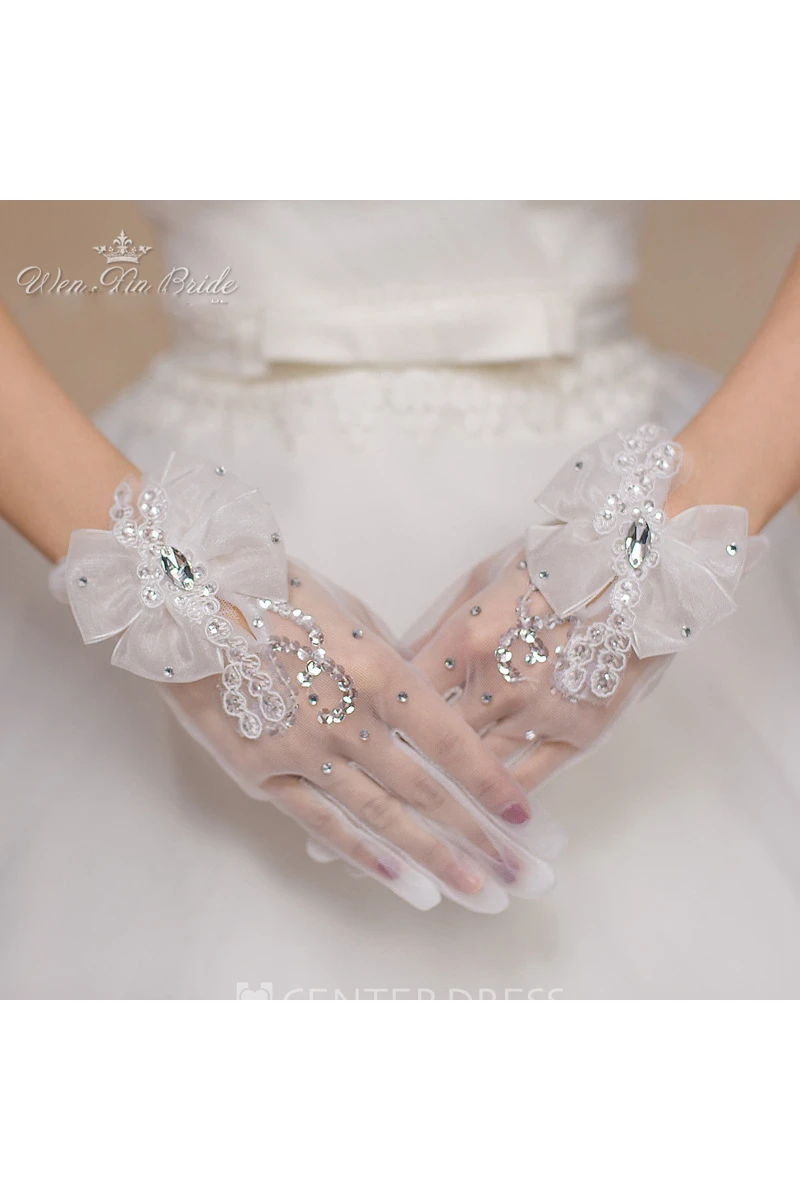 The New Crystal Gauze White Bow Short Gloves