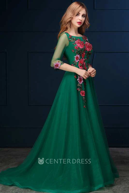 3-4 Illusion Sleeve Bateau Neck A-line Organza Dress