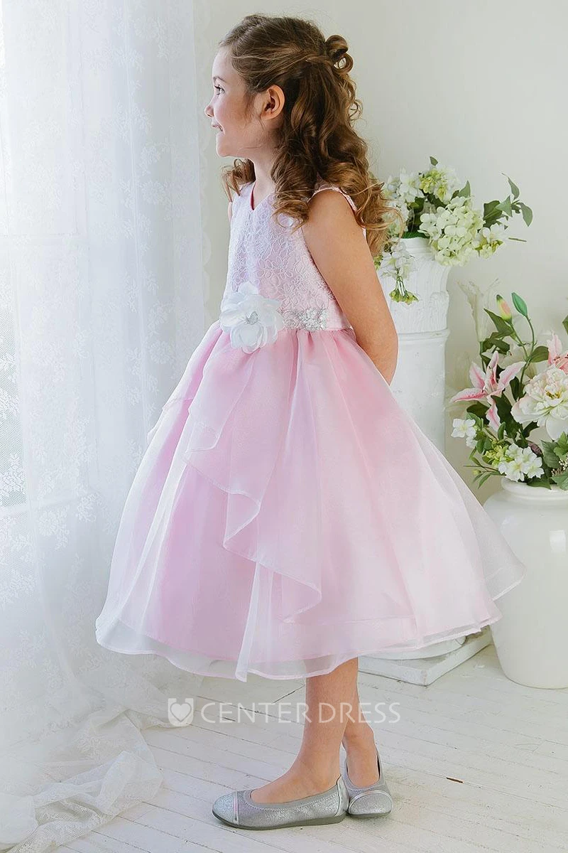Embroideried Tea-Length Tiered Lace&Organza Flower Girl Dress
