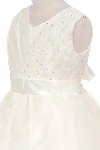 V-Neck Tea-Length Pleated Tiered Organza&Satin Flower Girl Dress With Ribbon