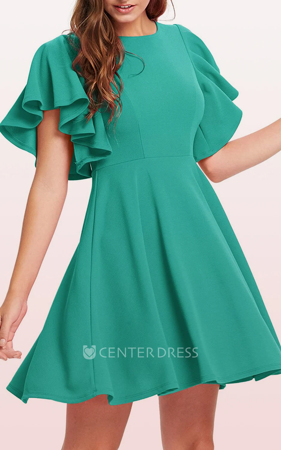 A Line Short Sleeve Jersey Modest Elegant Zipper Dress with Pleats