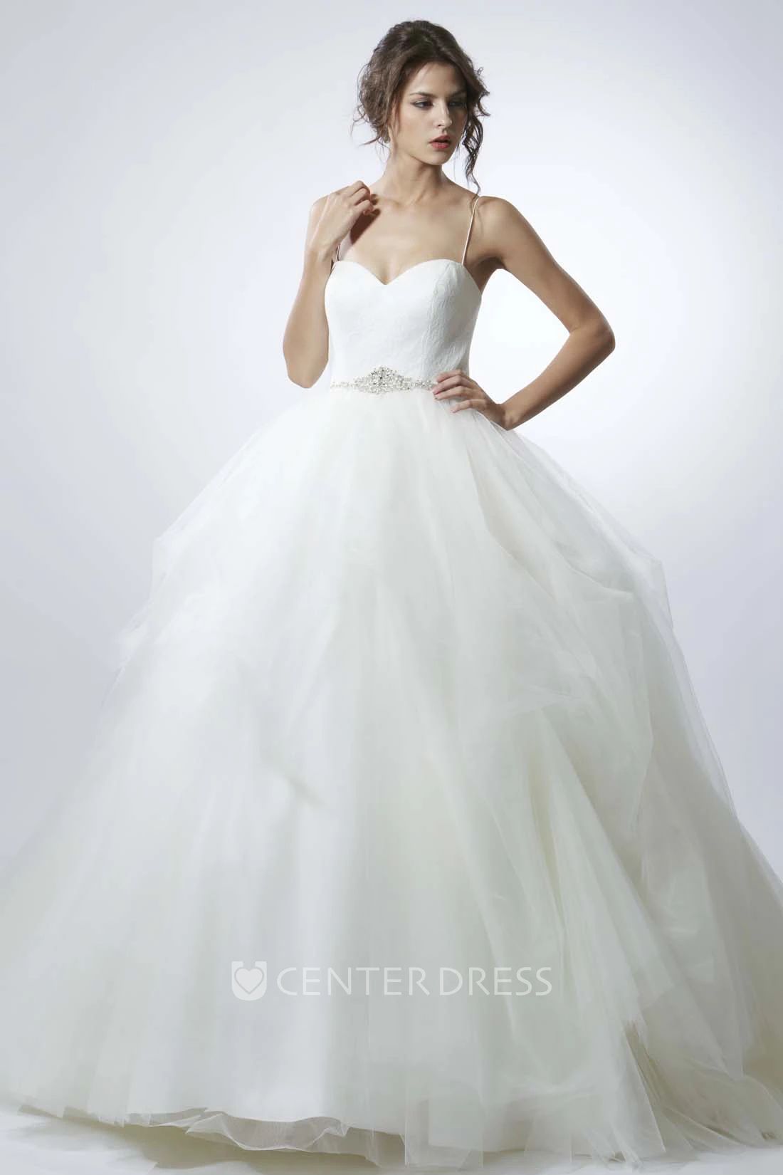 Long Spaghetti Jeweled Tulle Wedding Dress With Sweep Train And V Back
