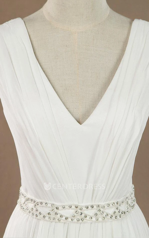 Maxi V-Neck Chiffon Lace Satin Weddig Dress With Low-V Back