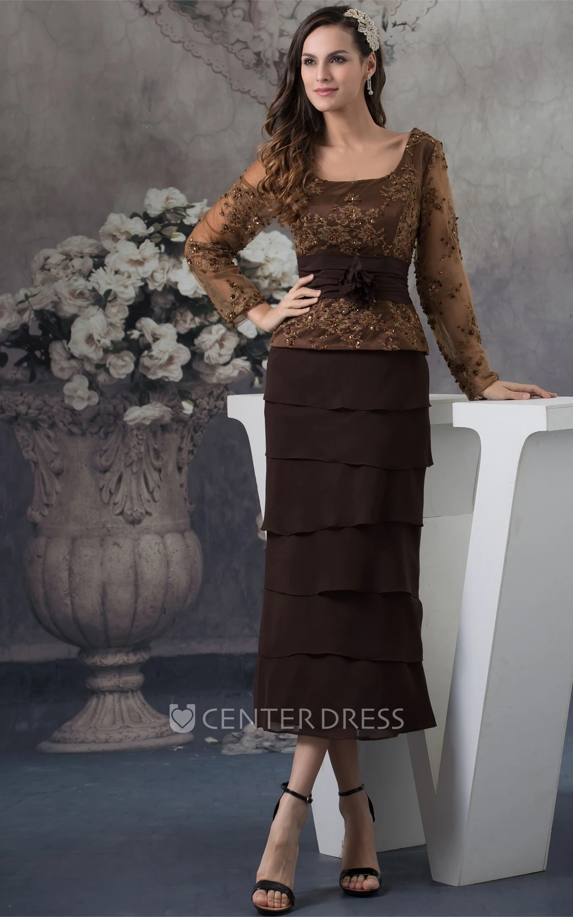 Classic Square-Neck Long-Sleeve Ankle-Length Dress with Tiers and Appliques