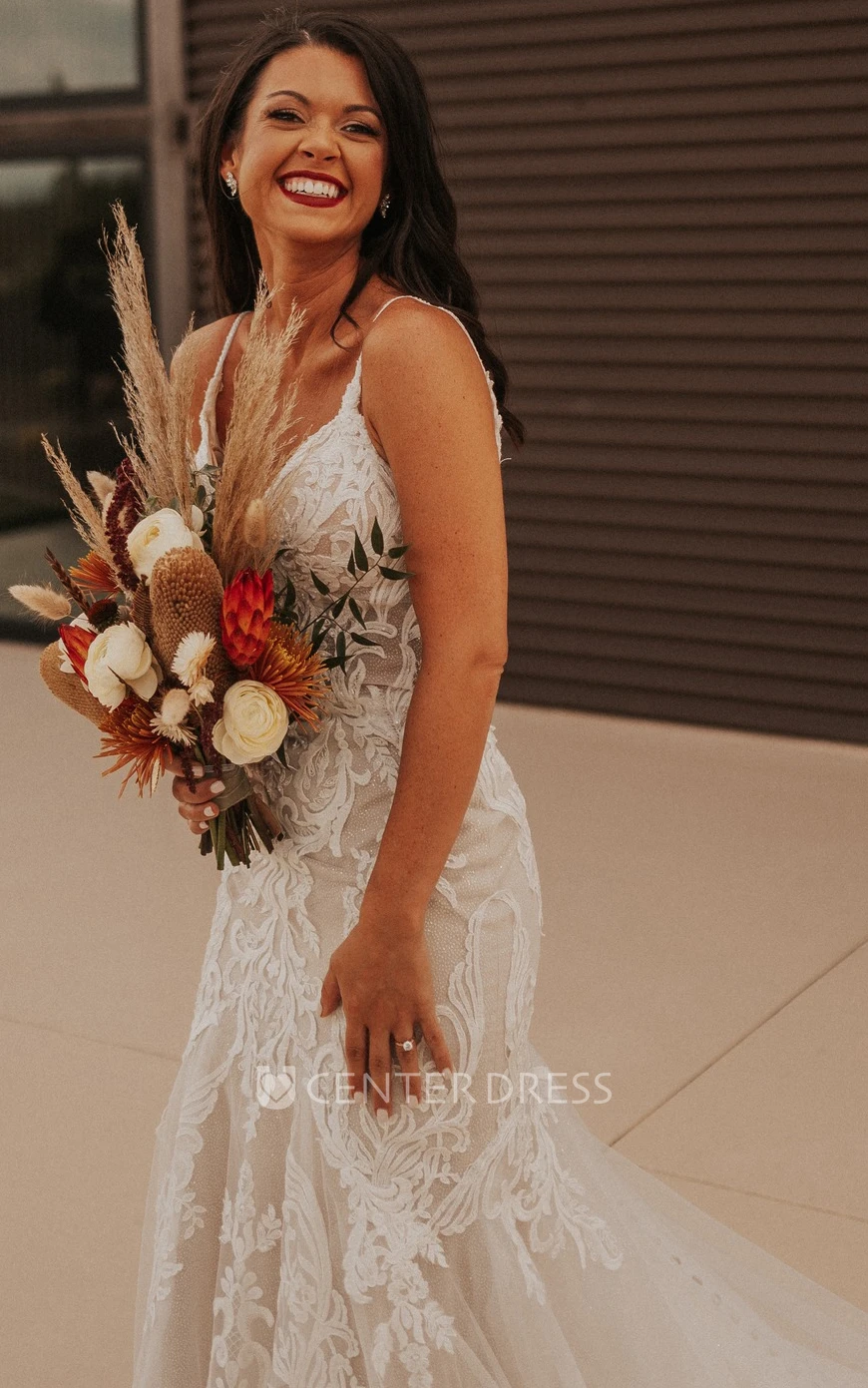 Mermaid V-Neck Tulle Wedding Dress with Train Romantic Modern
