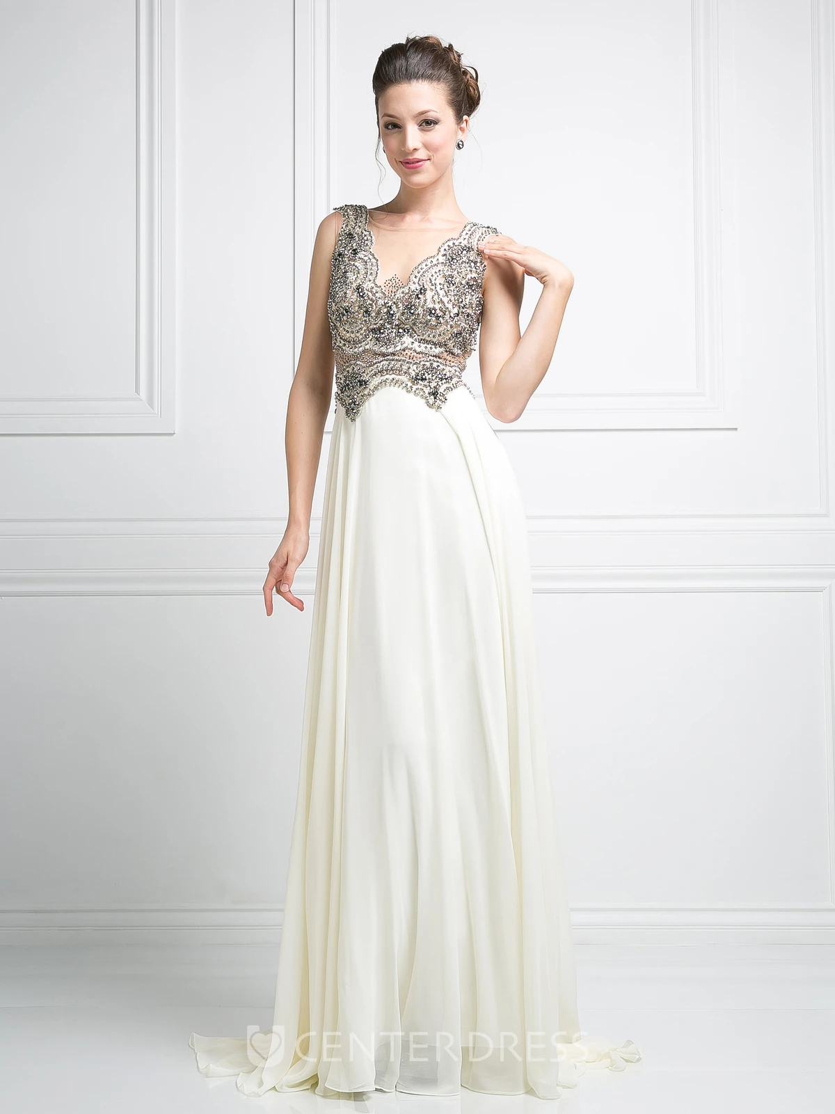A-Line Maxi Bateau Sleeveless Jersey Illusion Dress With Beading