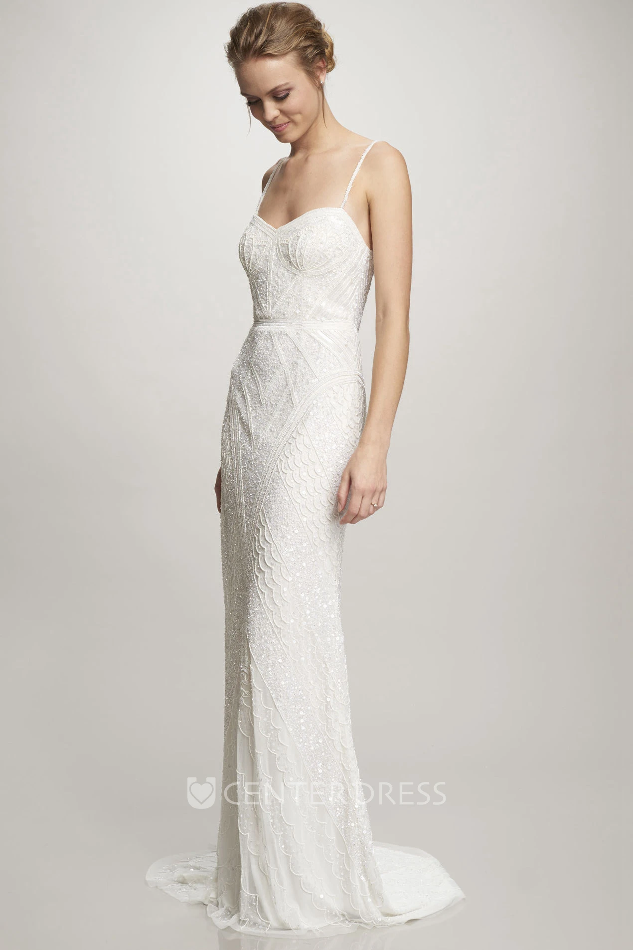 Maxi Spaghetti Beaded Chiffon Wedding Dress With Sweep Train