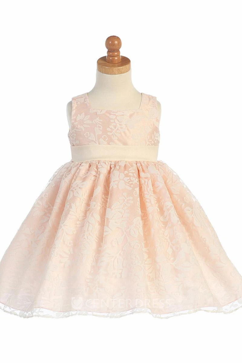 Floral Tea-Length Empire Floral Pleated Organza Flower Girl Dress With Sash