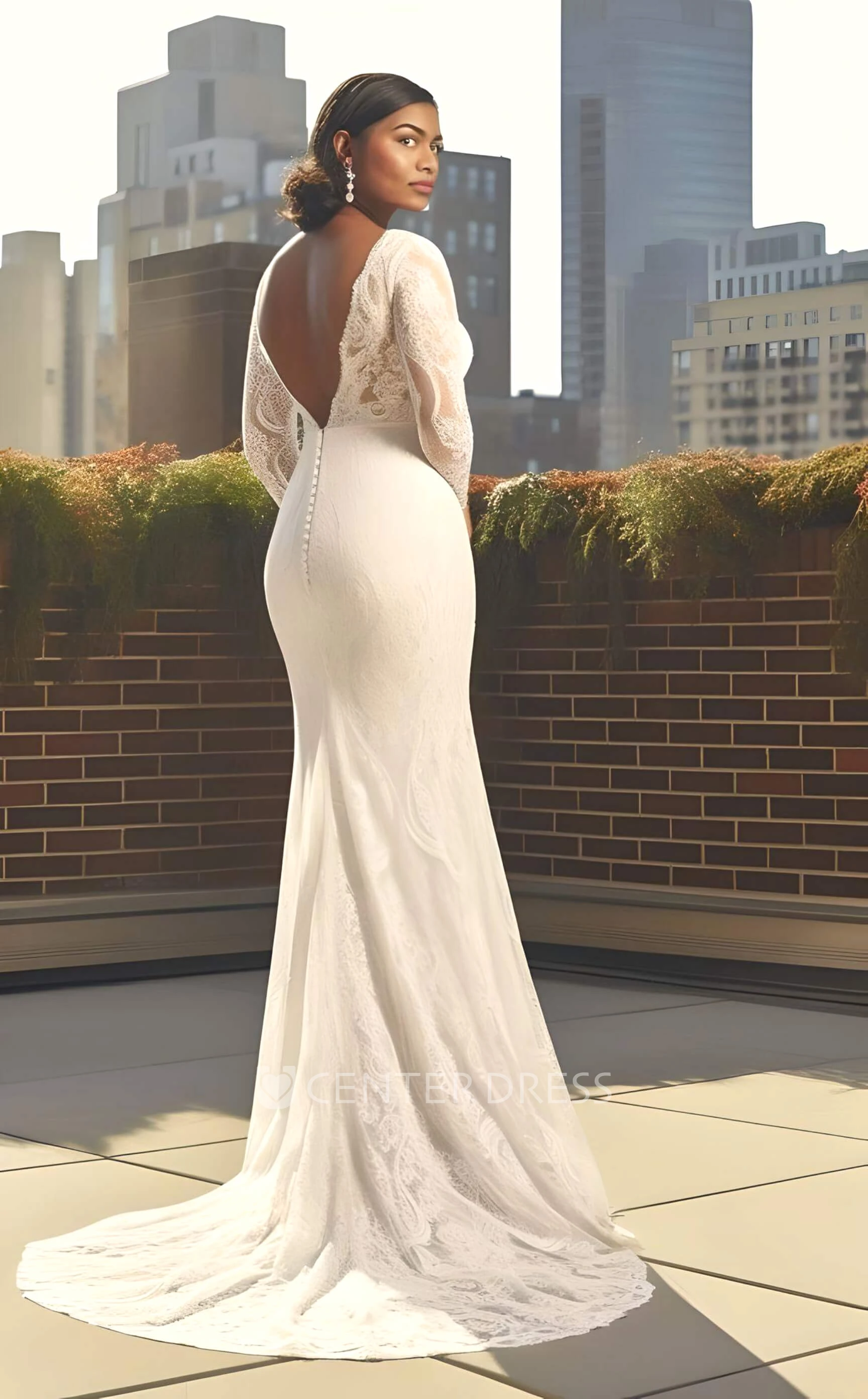 Elegant Mermaid V-neck Open Back Lace Wedding Dresses with Court