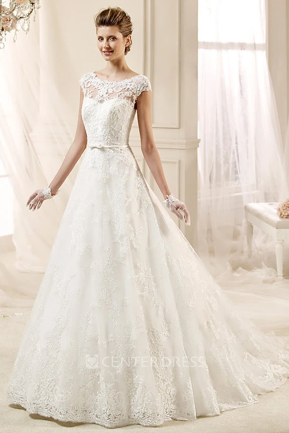 Cap sleeve A-line Lace Wedding Gown with Appliques and Jewel Neckline 