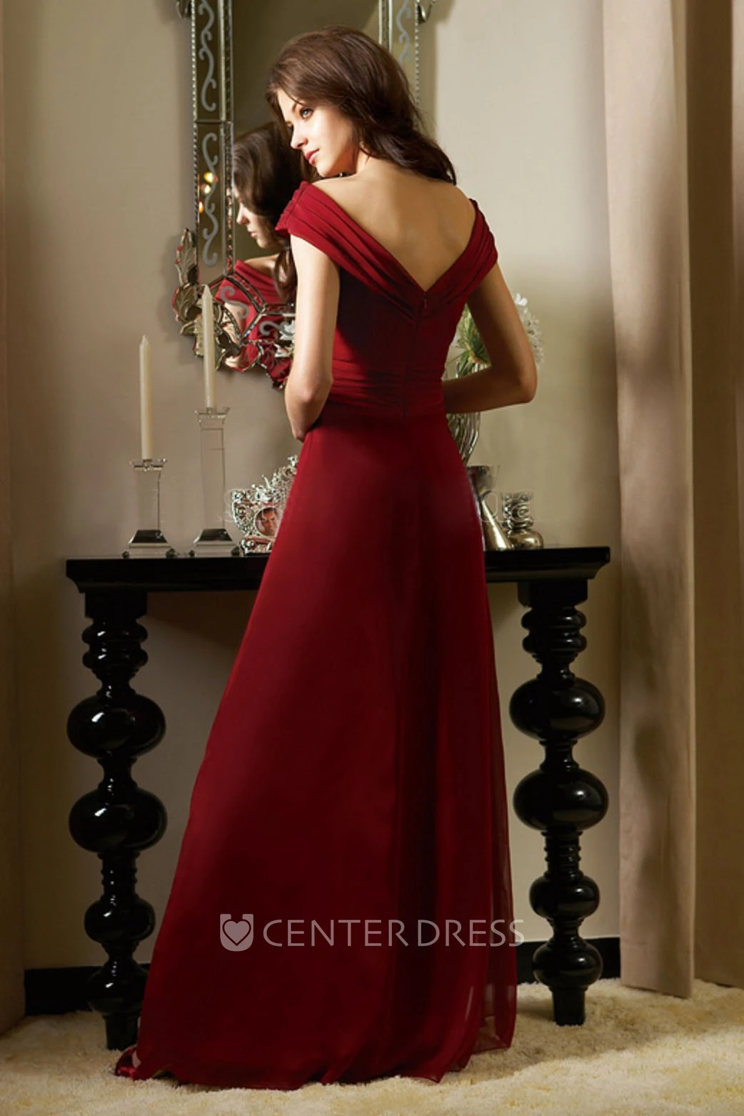 Off-The-Shoulder Long Bridesmaid Dress With Ruching And Low V-Back