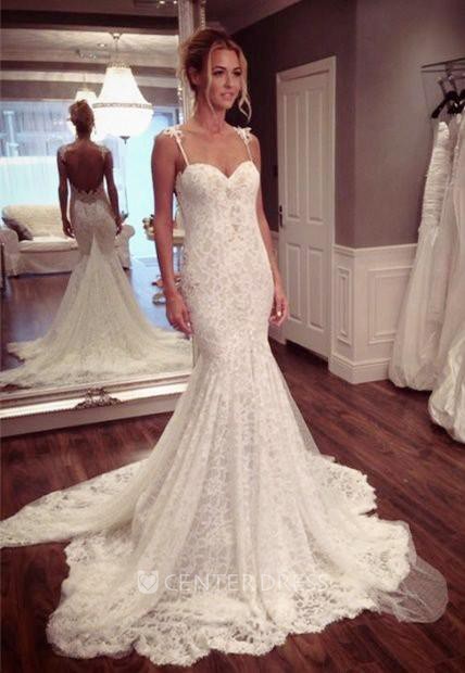 Mermaid lace wedding dress with deals spaghetti straps