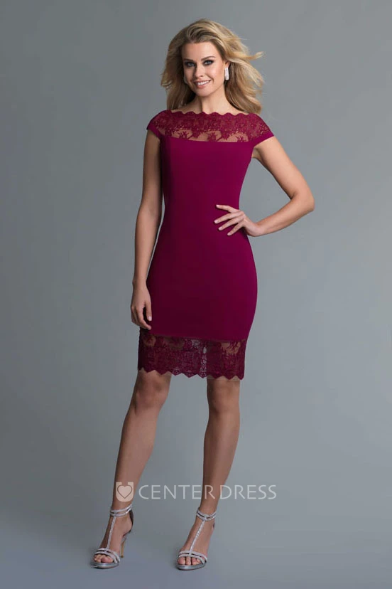 Pencil Knee-Length Bateau Short Sleeve Jersey Illusion Dress With Lace
