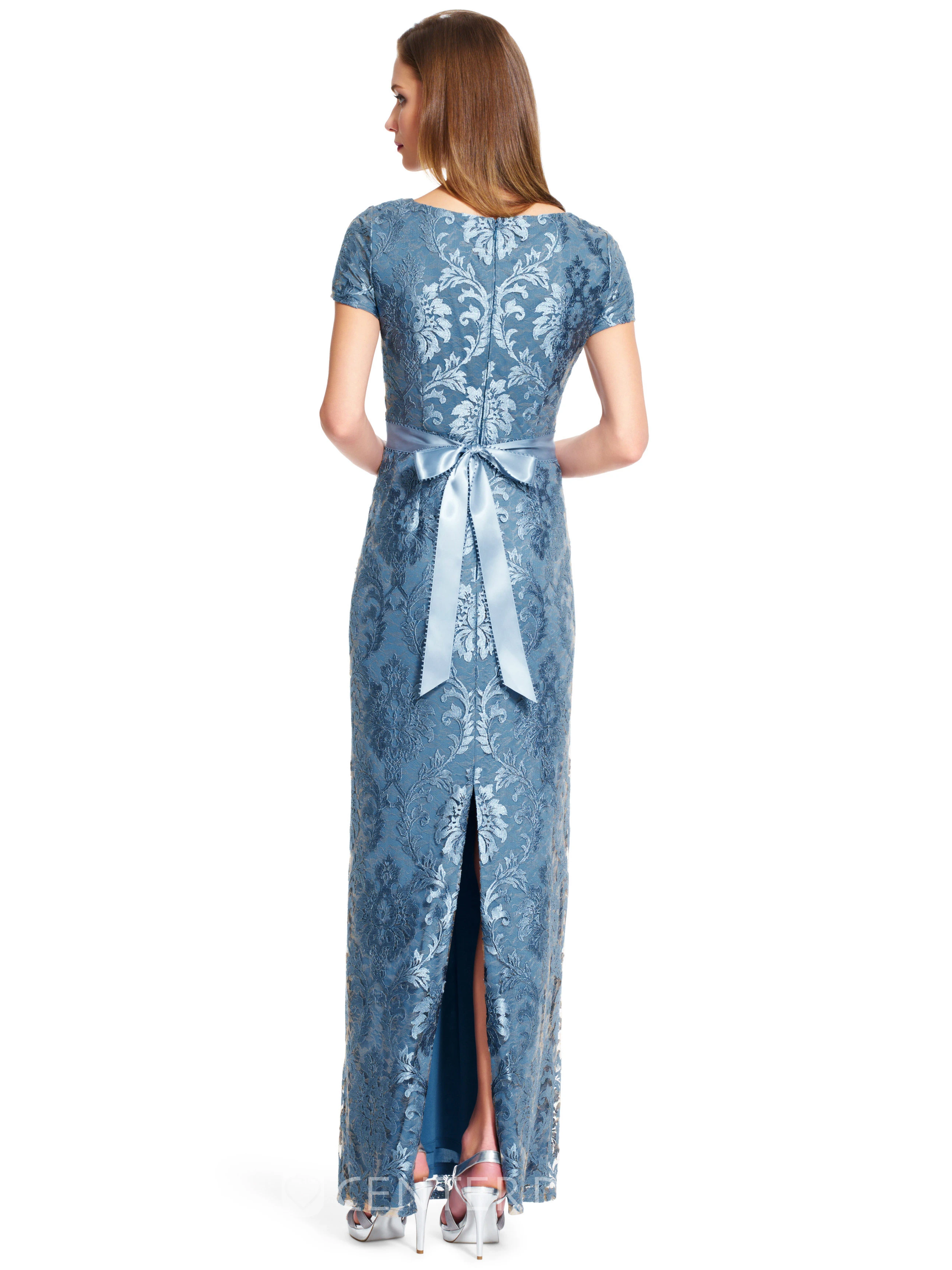Pencil Scoop-Neck Floor-Length Bowed Short-Sleeve Bridesmaid Dress With Split Back