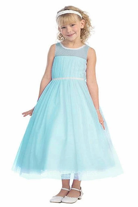 Tea-Length Pleated Bell-Sleeve Flower Girl Dress With Illusion