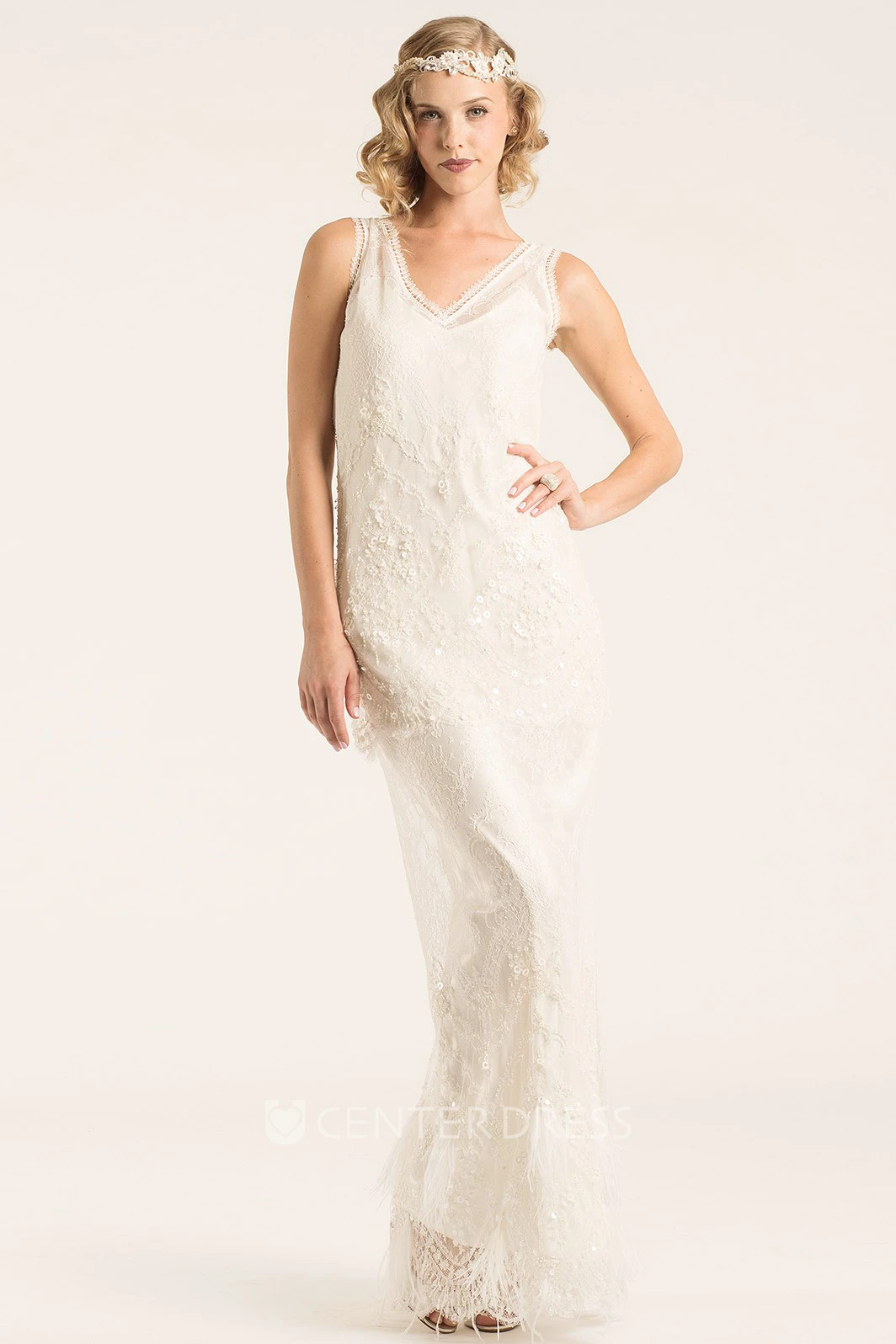 Floor-Length V-Neck Beaded Lace Wedding Dress With Appliques And V Back