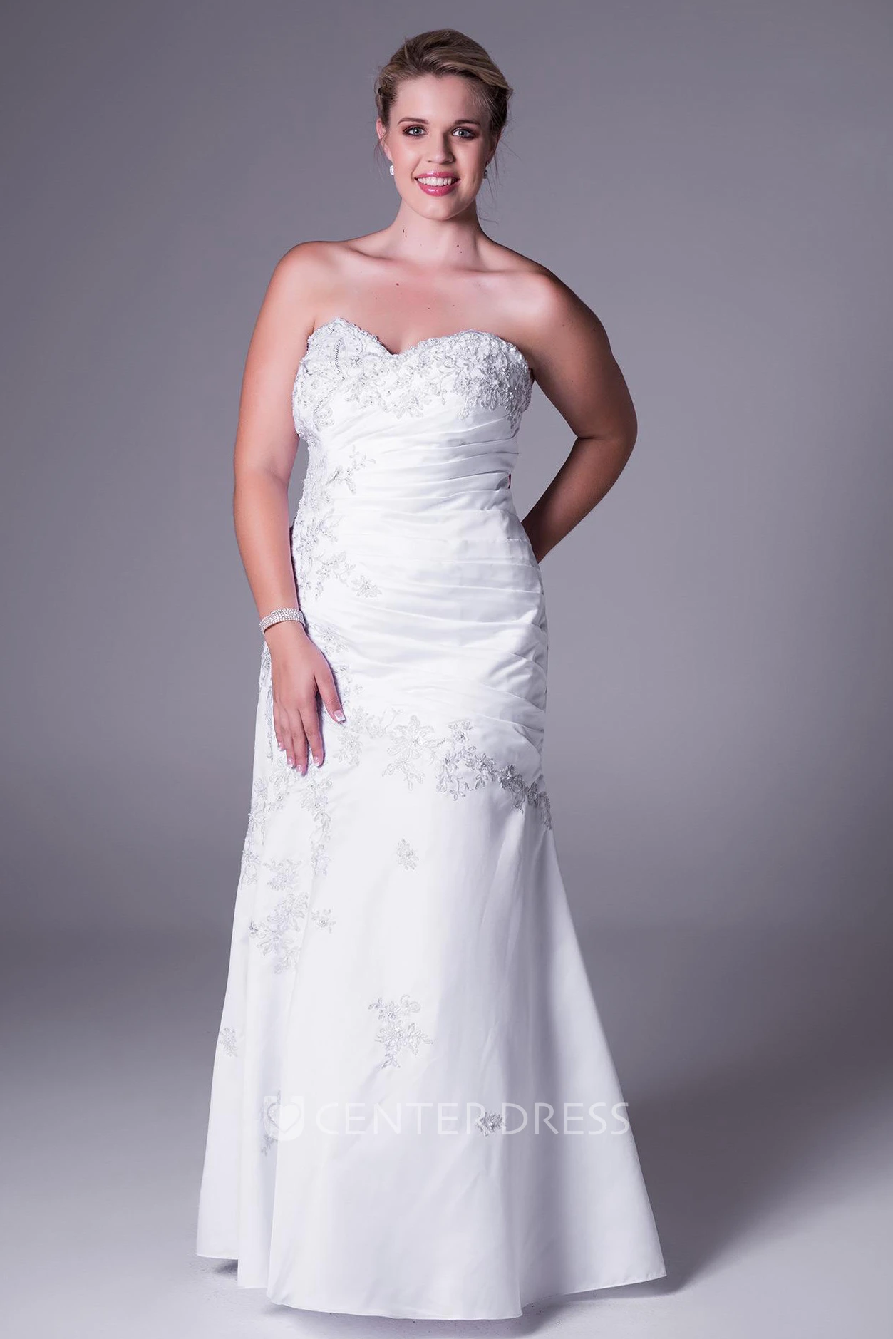 Floor-Length Ruched Sweetheart Satin Plus Size Wedding Dress With Appliques And Corset Back
