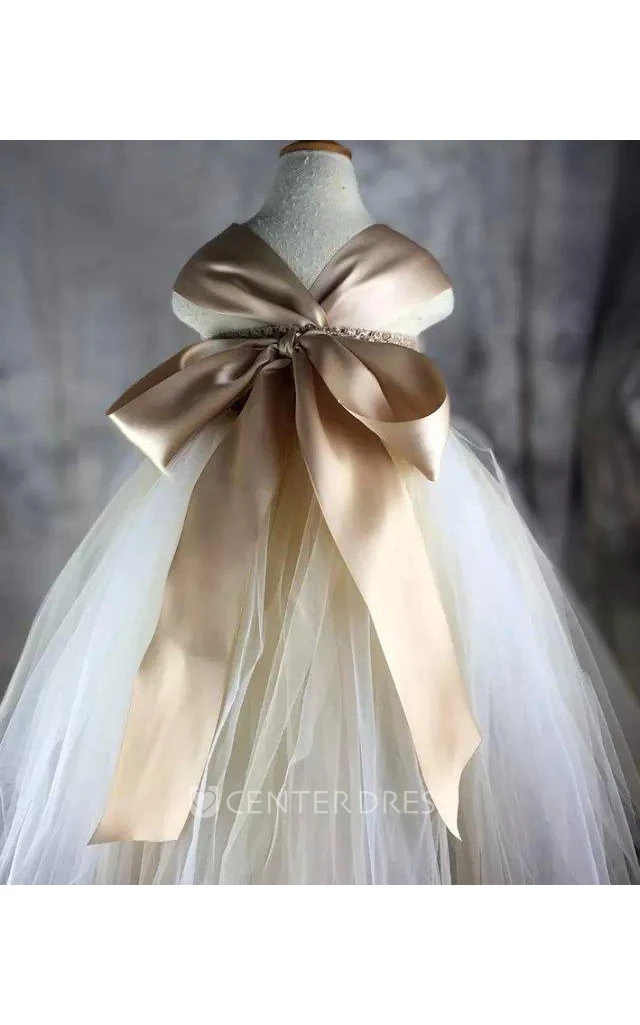 Cap Sleeve Flower Bodice Long Tulle Dress With Bow Back and Pleats