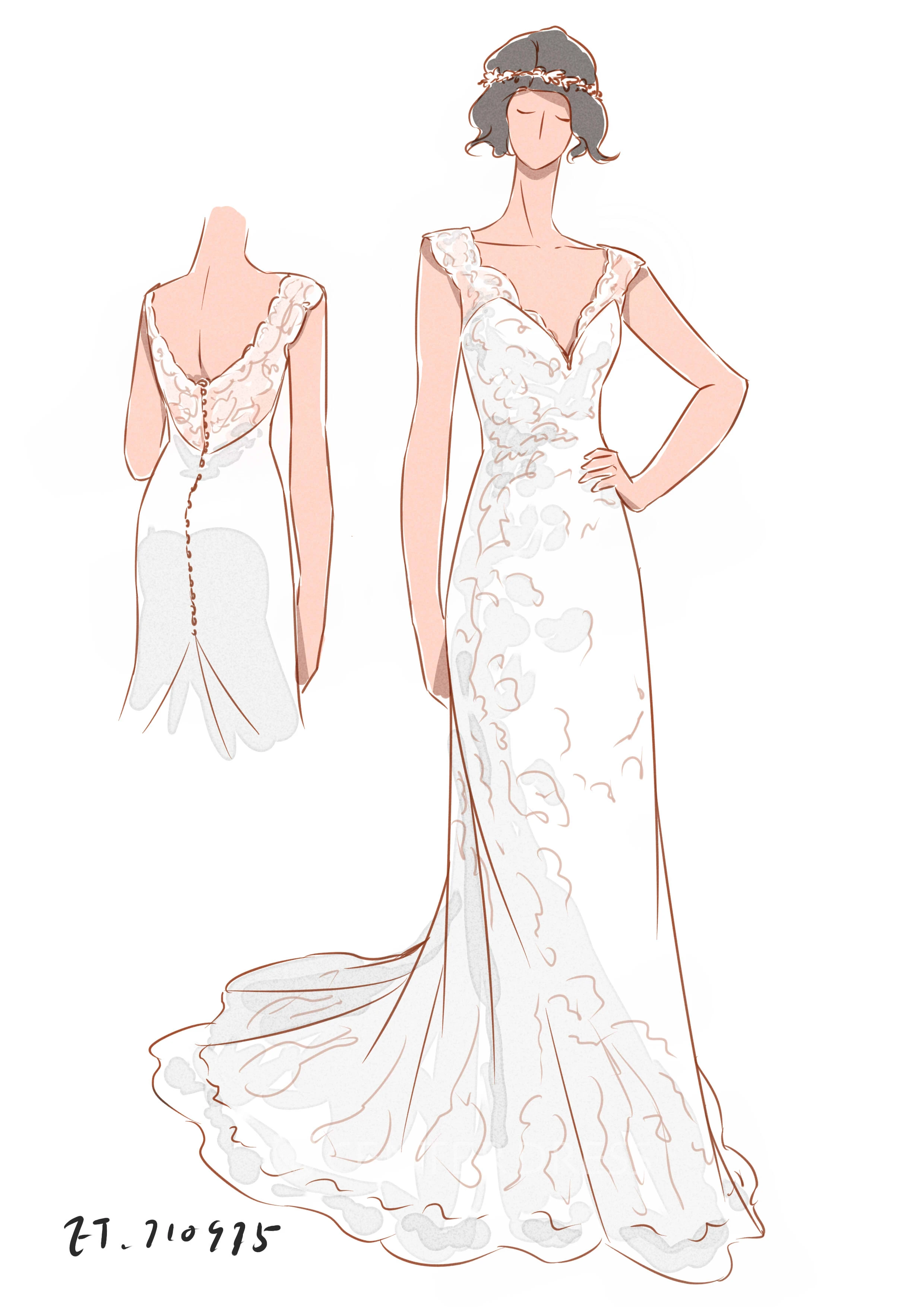 Long Cap Sleeves Mermaid Lace Wedding Gown With V-Neck