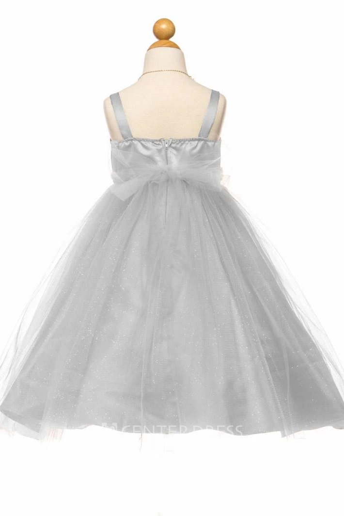 Tea-Length Spaghetti Empire Tiered Tulle&Satin Flower Girl Dress