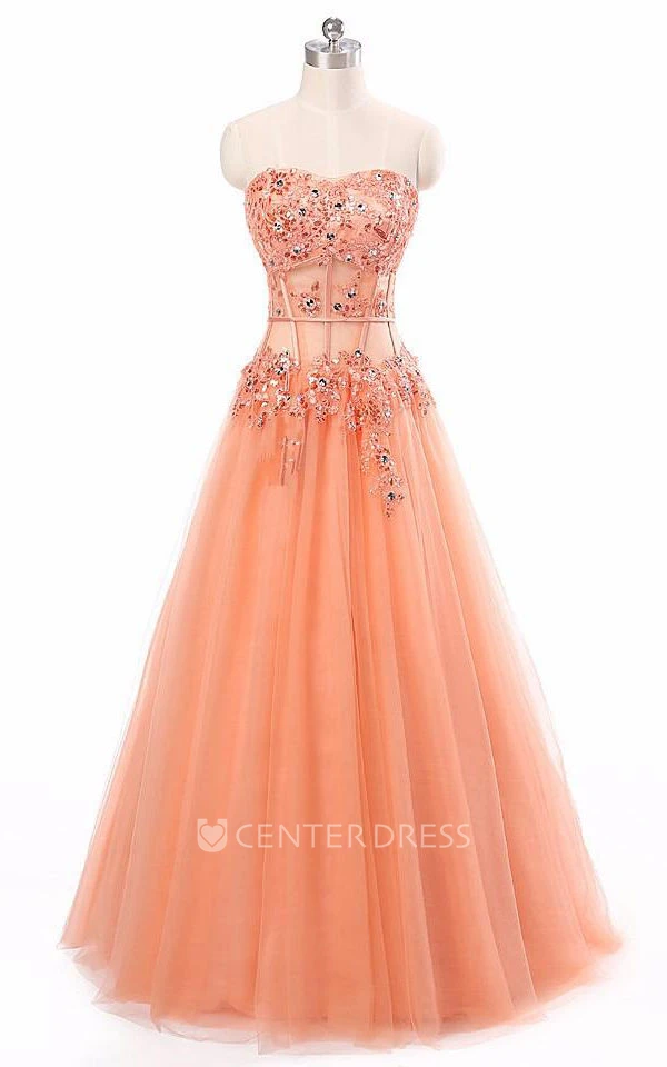Sweetheart Sleeveless Appliques Long Tulle Lace Dress