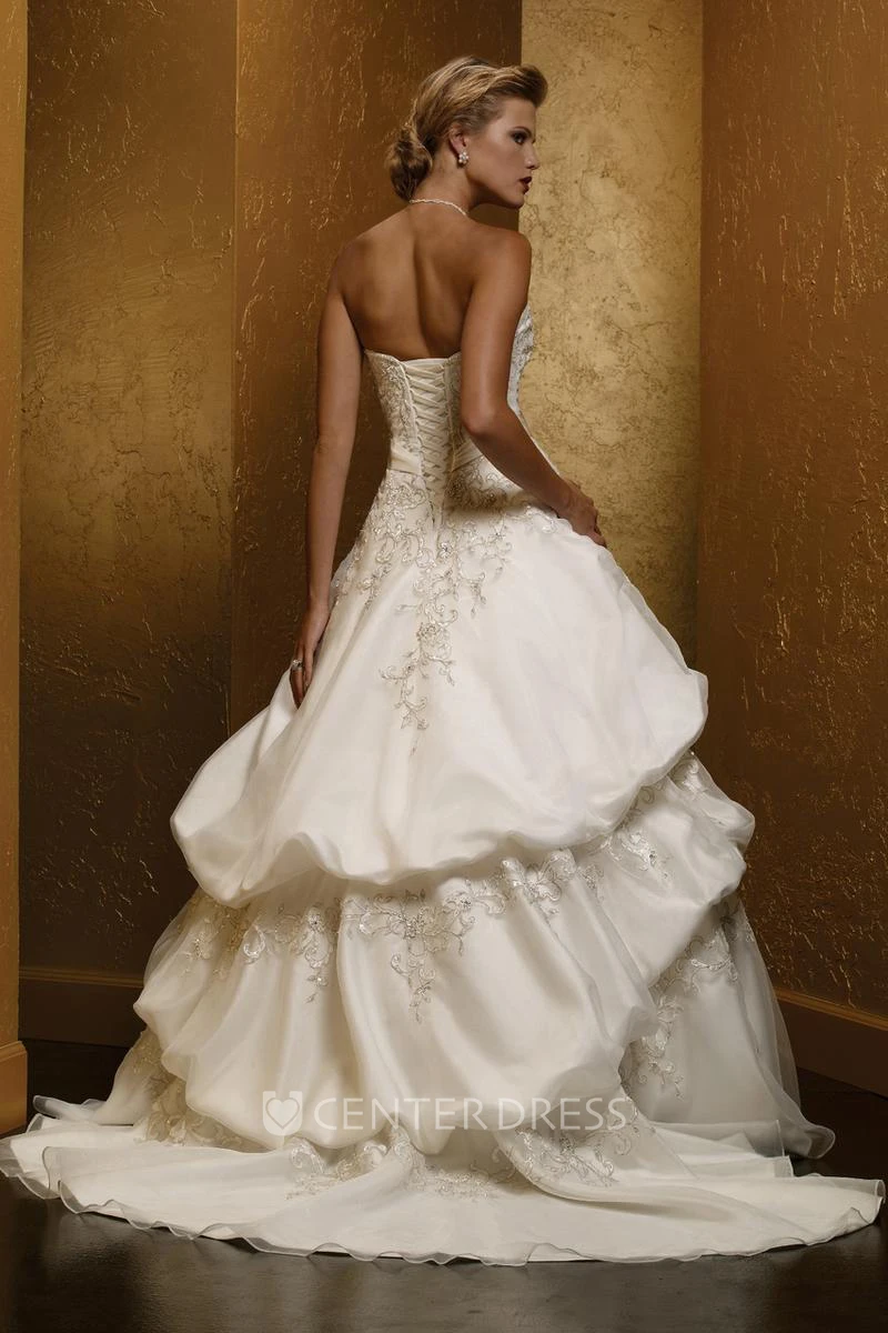 Ball Gown Sweetheart Pick-Up Satin Wedding Dress With Embroidery And Tiers