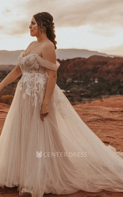 A-Line Off-Shoulder Tulle Wedding Dress with Train Elegant Romantic