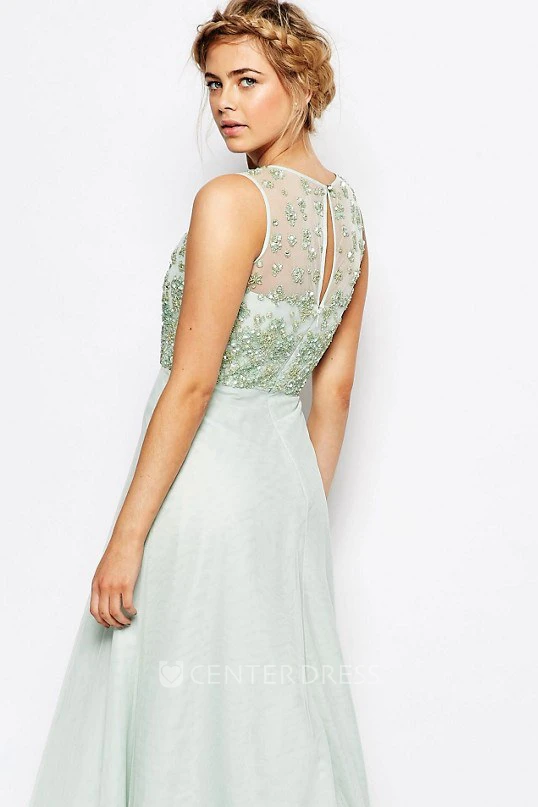 A-Line Sleeveless Scoop Neck Beaded Tulle Bridesmaid Dress With Illusion Back