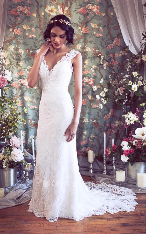 Long Cap Sleeves Mermaid Lace Wedding Gown With V-Neck