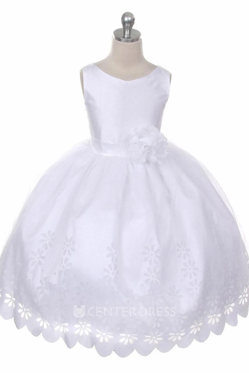 Tea-Length Floral Floral Satin Flower Girl Dress