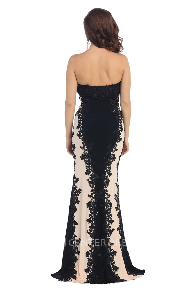 Pencil Floor-Length Strapless Sleeveless Lace Jersey Dress With Appliques