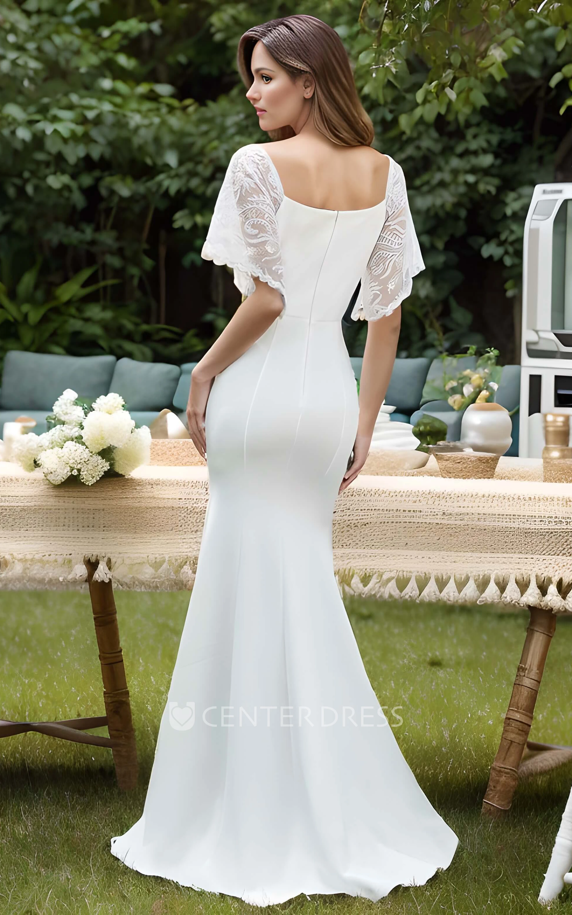 Sexy Bodycon Vintage Mermaid V-neck Half Lace Sleeve Floor-length Wedding Dress