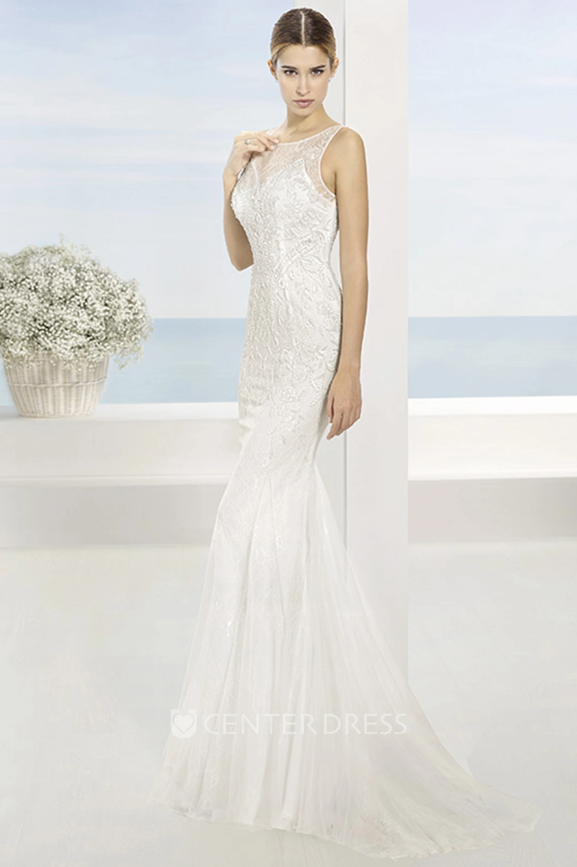 Sheath Appliqued Floor-Length Bateau Sleeveless Lace Spring Wedding Dress With Sweep Train And Illusion Back