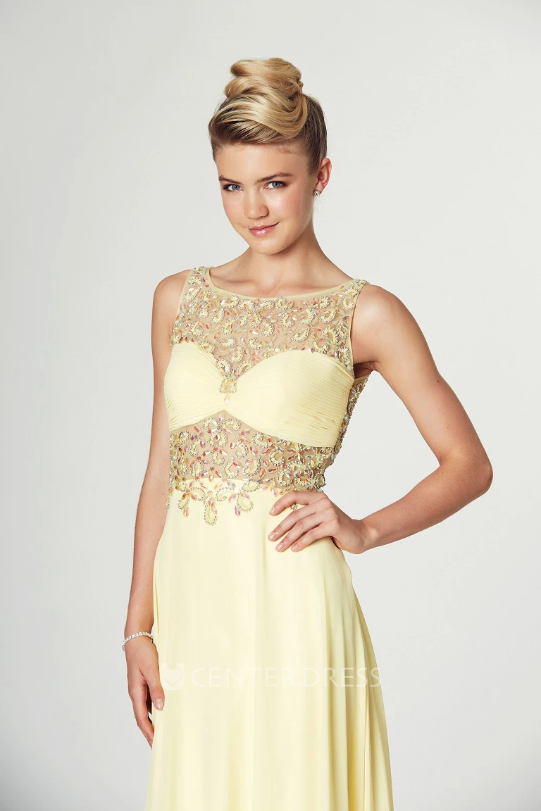 Maxi Sleeveless Beaded Scoop Neck Chiffon Prom Dress