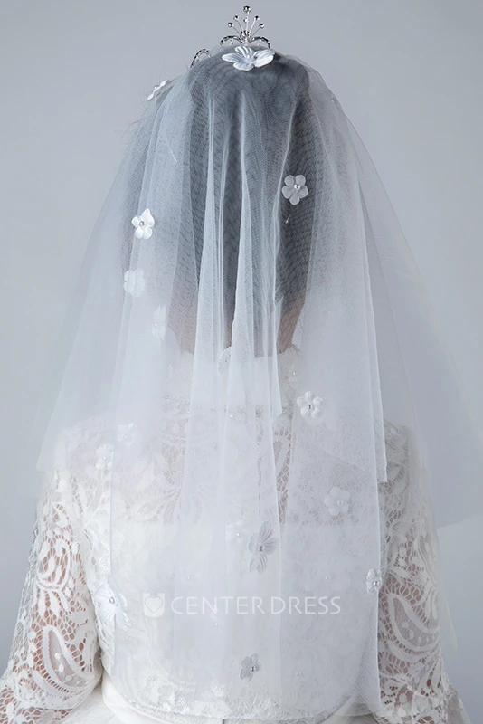 Simple Style Double Layer Floral Tulle Flower Girl Veil