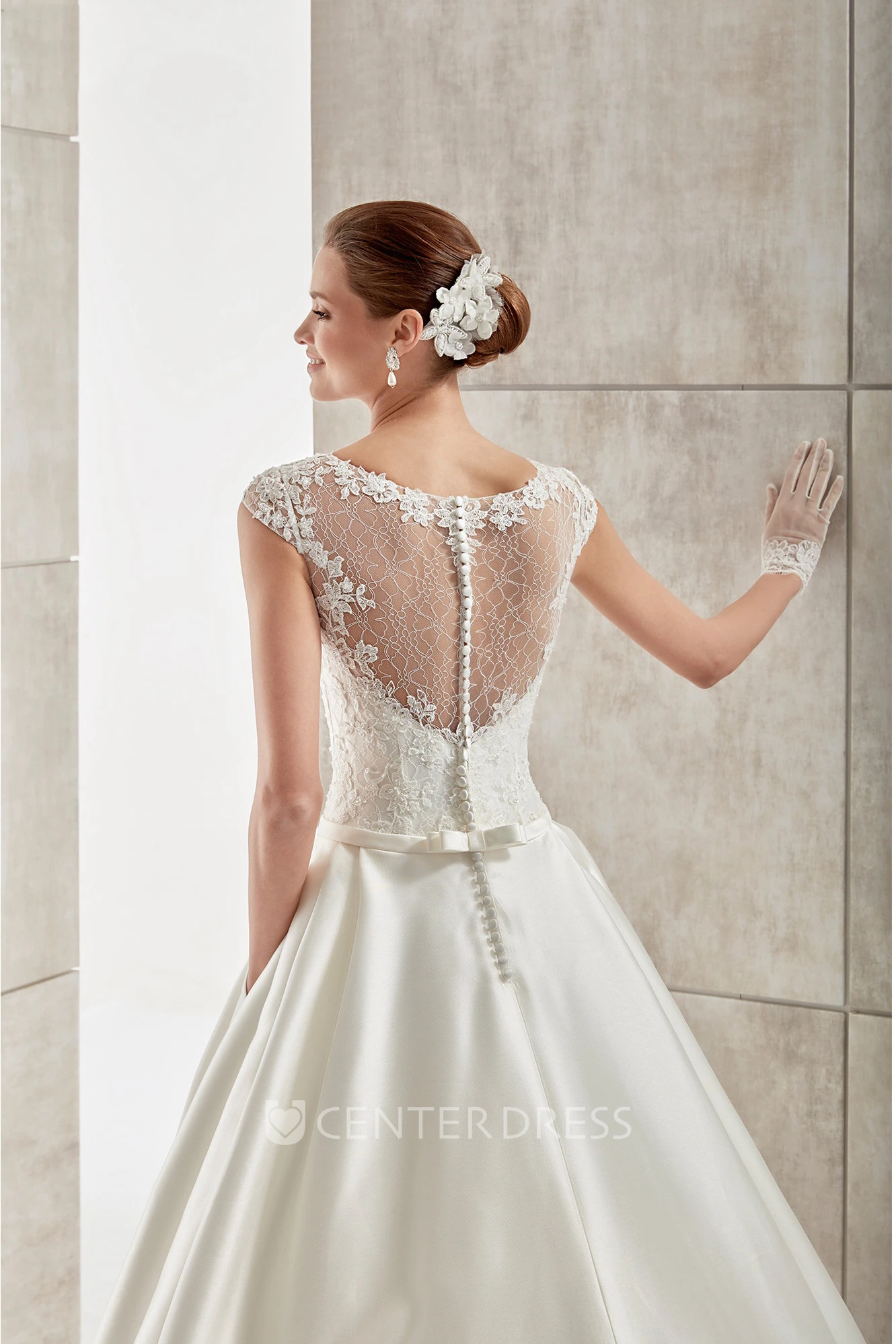 Jewel-Neck Cap-Sleeve A-Line Satin Wedding Dress With Lace Bodice And Illusive Design