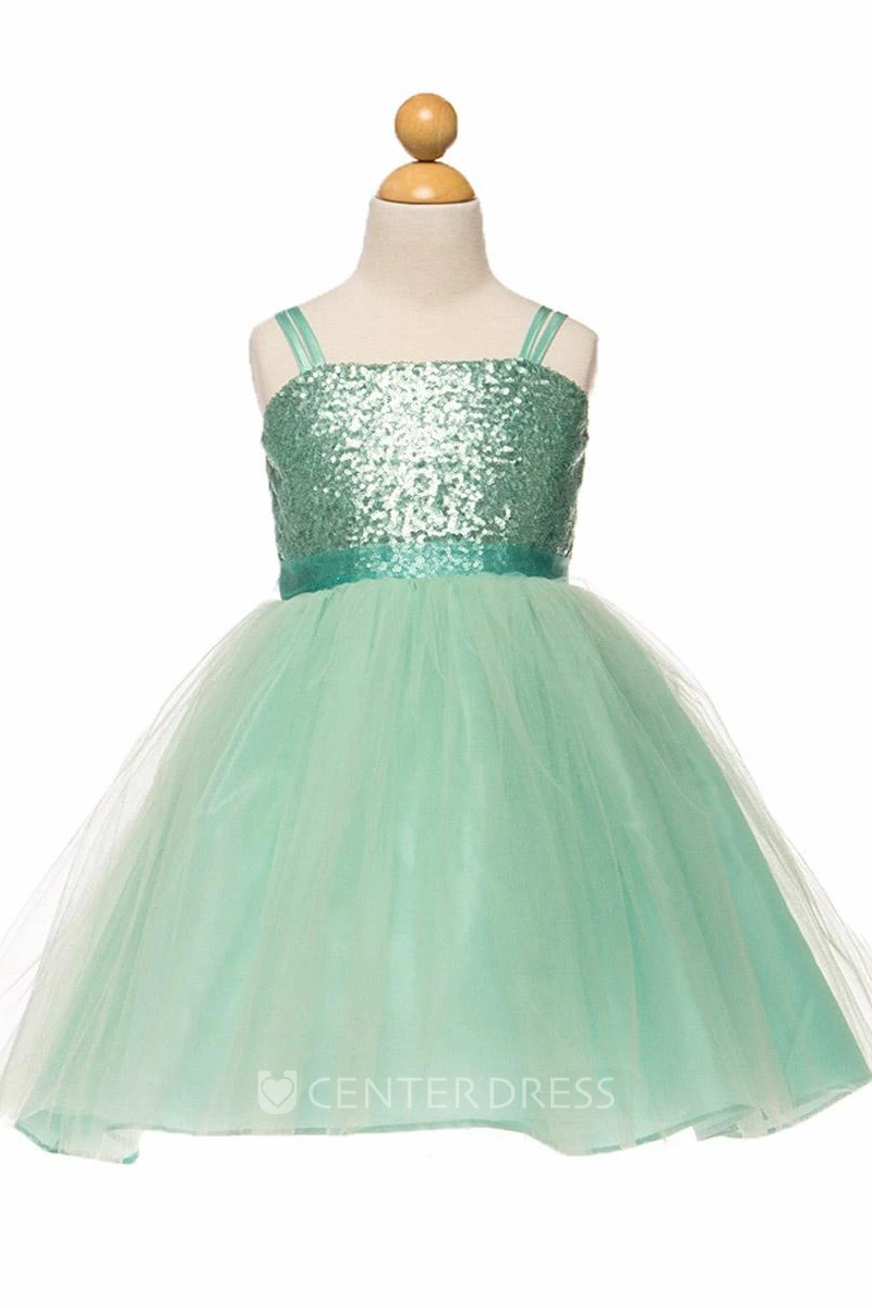Spaghetti Midi Tulle&Sequins Flower Girl Dress