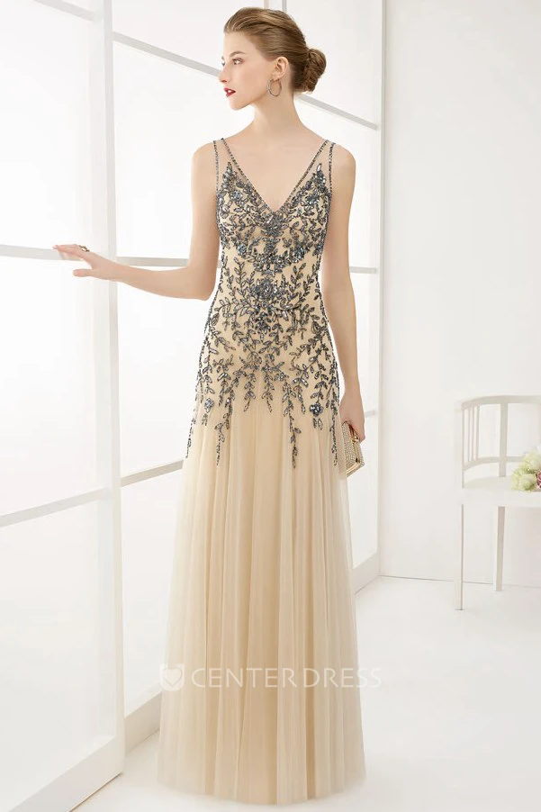 V Neck V Back A-Line Tulle Long Prom Dress With Crystal-Leaf Top