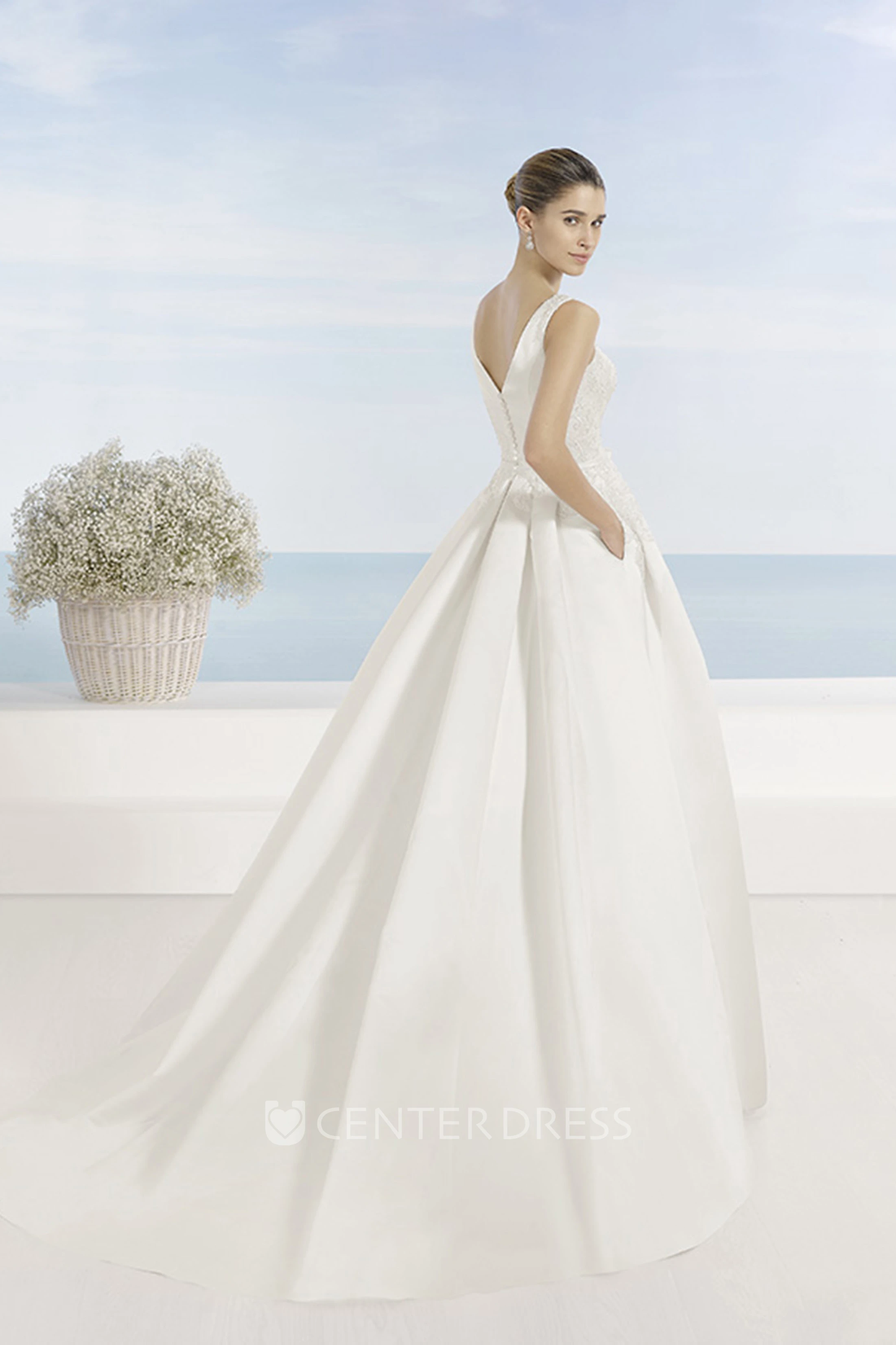 Scoop Long Appliqued Satin Wedding Dress With Sweep Train And V Back
