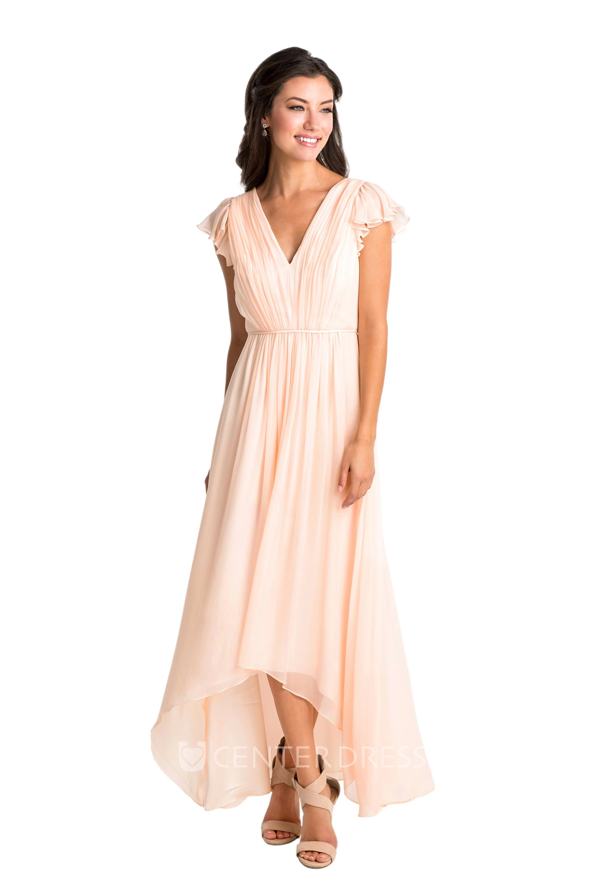 High-Low Cap Sleeve Ruched V-Neck Chiffon Muti-Color Convertible Bridesmaid Dress